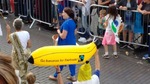 A banana man shows off the Fairtrade banana